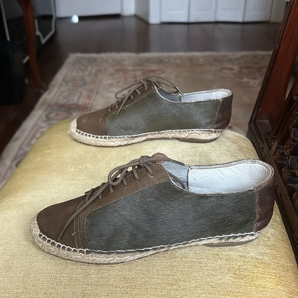 Anthropologie KMB Jorinda Espadrille Sneakers Leather Calf Hair Olive Brown Sz 9